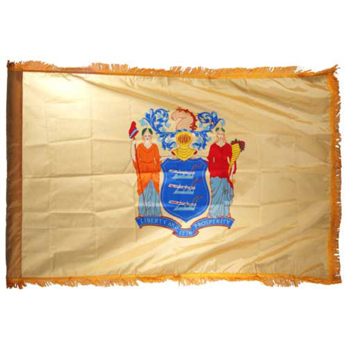 New Jersey state flag with a coat of arms design on a beige background