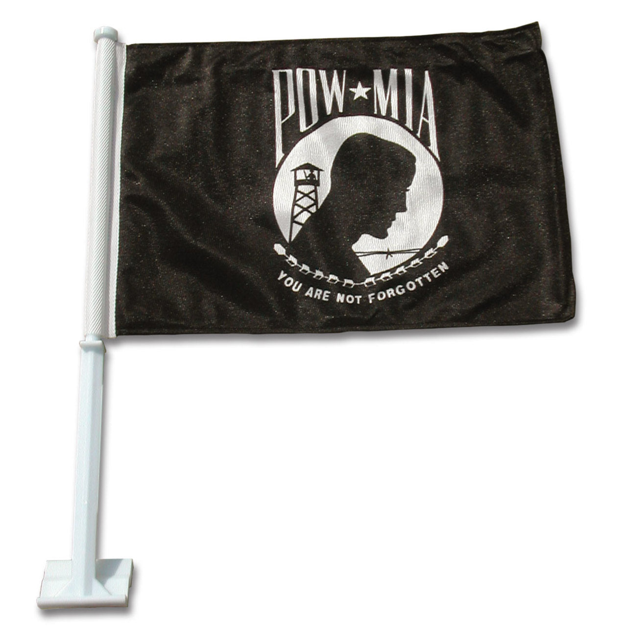 Black POW/MIA car flag with white emblem and text on a white background