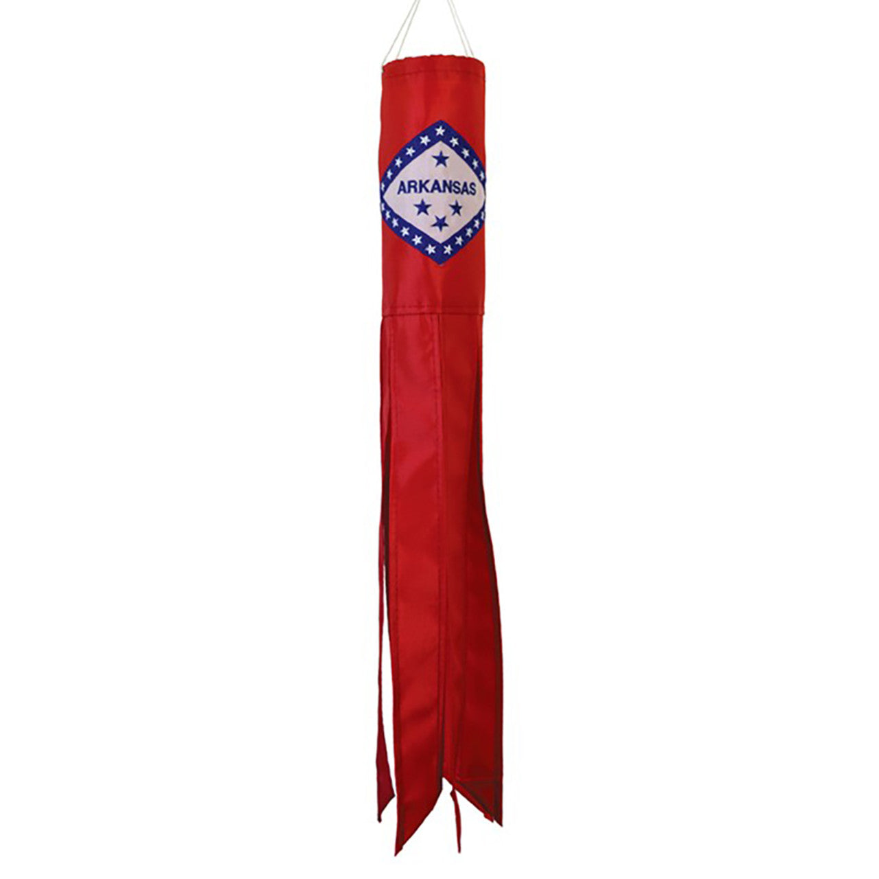 Red windsock with Arkansas state emblem on a white background