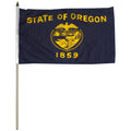 Stick flag of the State of Oregon with yellow text and emblem on a blue background