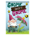 Cartoon gnome holding a flower with 'Gnome Sweet Gnome' text on a blue background