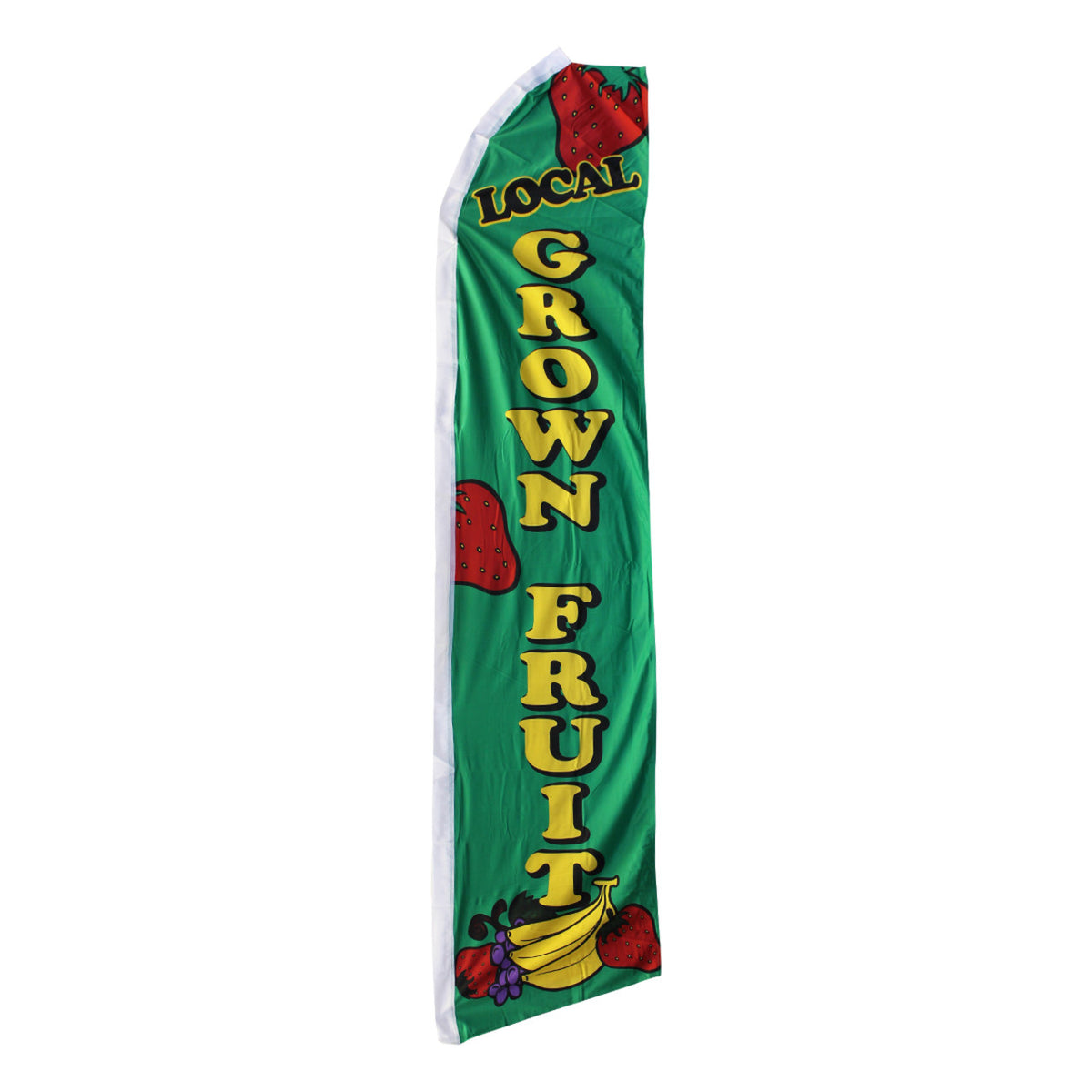 Green banner with 'Local Grown Fruit' text and fruit illustrations on a white background