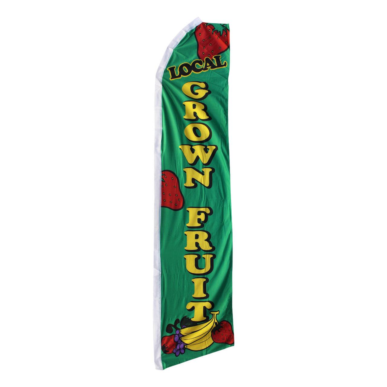 Green banner with 'Local Grown Fruit' text and fruit illustrations on a white background