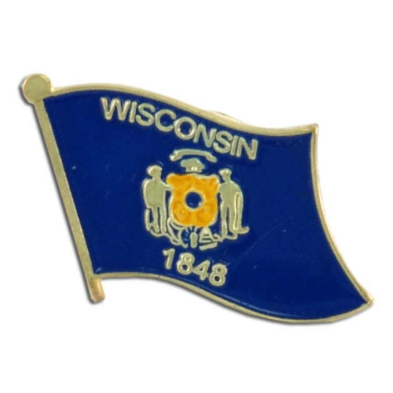 Pin with the design of the Wisconsin state flag on a white background