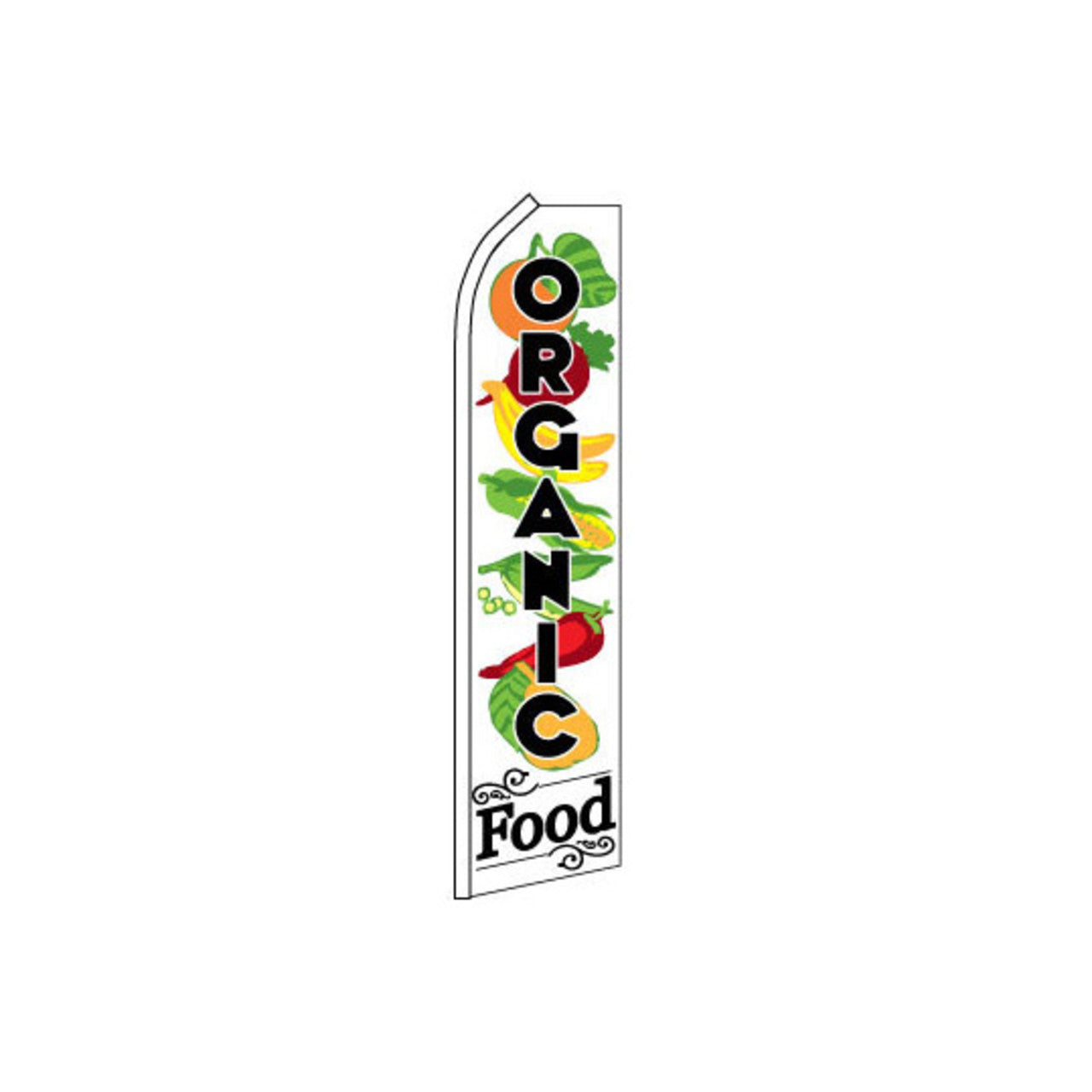 Swooper flag with 'Organic Food' text and vegetables on a white background