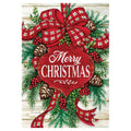Christmas-themed decorative flag with plaid bow, pinecones, and 'Merry Christmas' text on a wooden background.