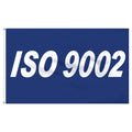 Blue banner with 'ISO 9002' text on a white background