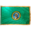 State of Washington flag featuring the distinctive full-color state seal and 'The Seal of the State of Washington 1889' text on a solid dark green field. Flag features fringe on edges.