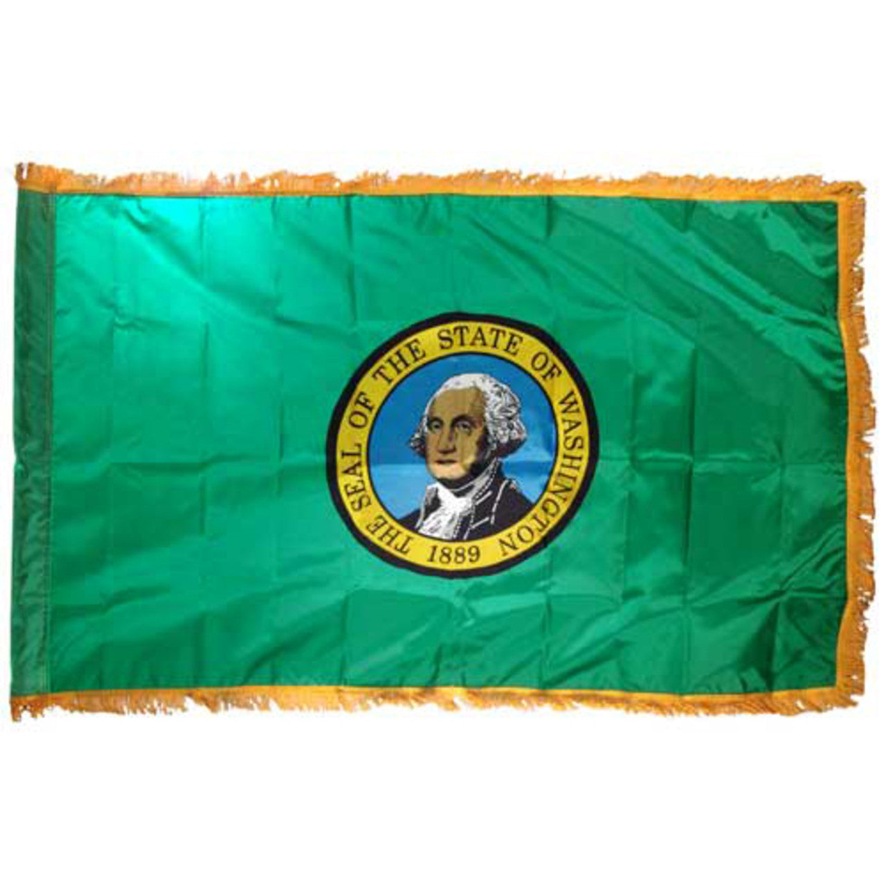 State of Washington flag featuring the distinctive full-color state seal and 'The Seal of the State of Washington 1889' text on a solid dark green field. Flag features fringe on edges.