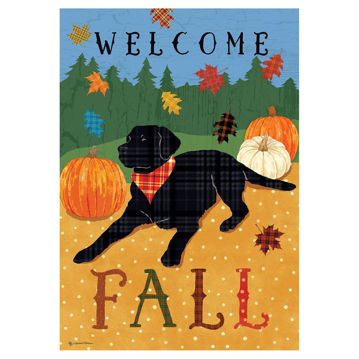 Decorative flag with a black dog, pumpkins, and fall leaves on a blue and orange background.