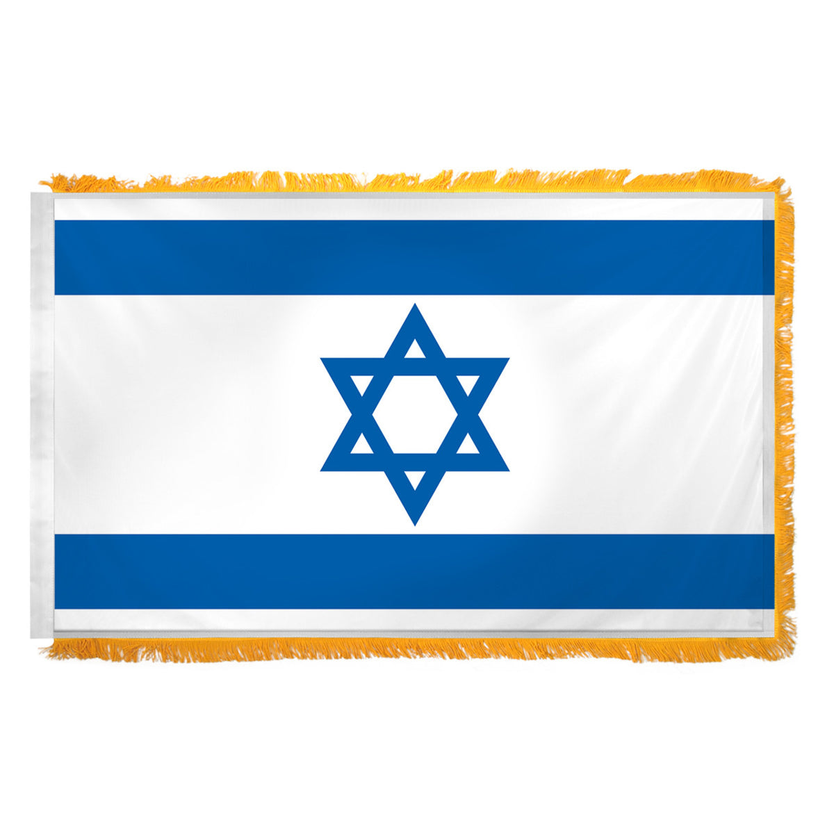 White flag of Israel with two blue horizontal stripes with one on the top and one on the bottom.  A blue Star of David is in the center of the flag.  Flag has yellow fringe on three edges.