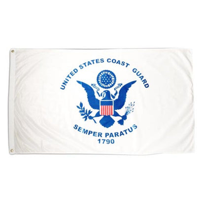 United States Coast Guard flag with the service emblem and “Semper Paratus 1790” on a white field.