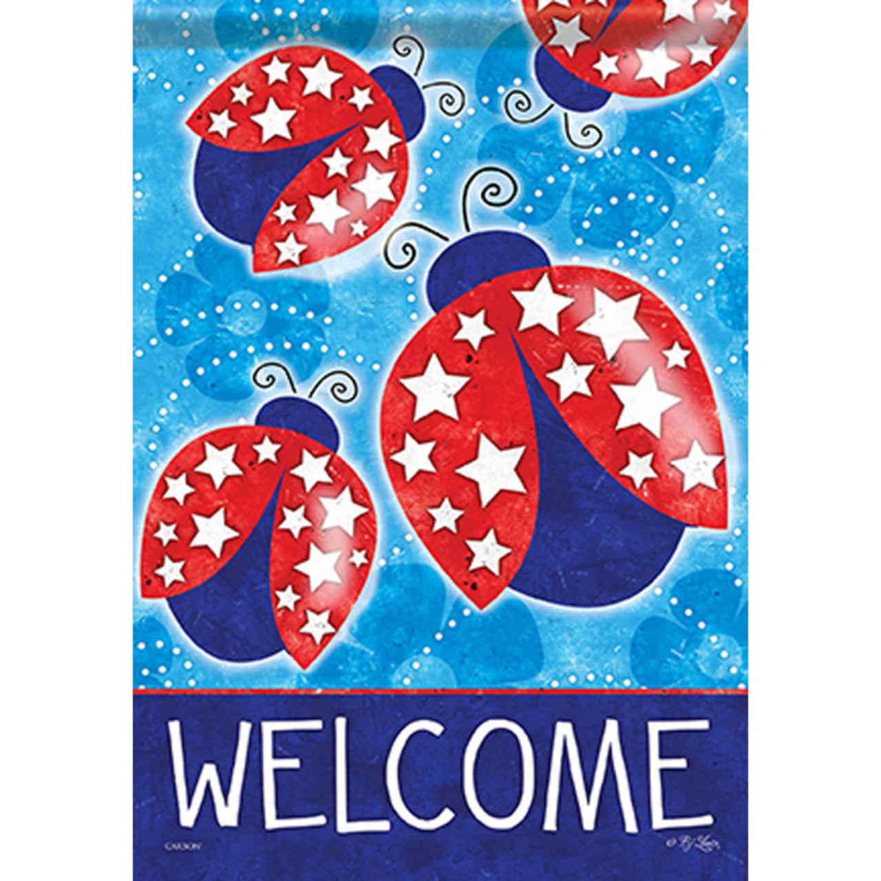 Decorative flag with red and blue ladybugs and stars on a blue background with 'WELCOME' text.