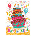 Decorative flag with a colorful birthday cake illustration with balloons and 'Happy Birthday!' text on a white background.