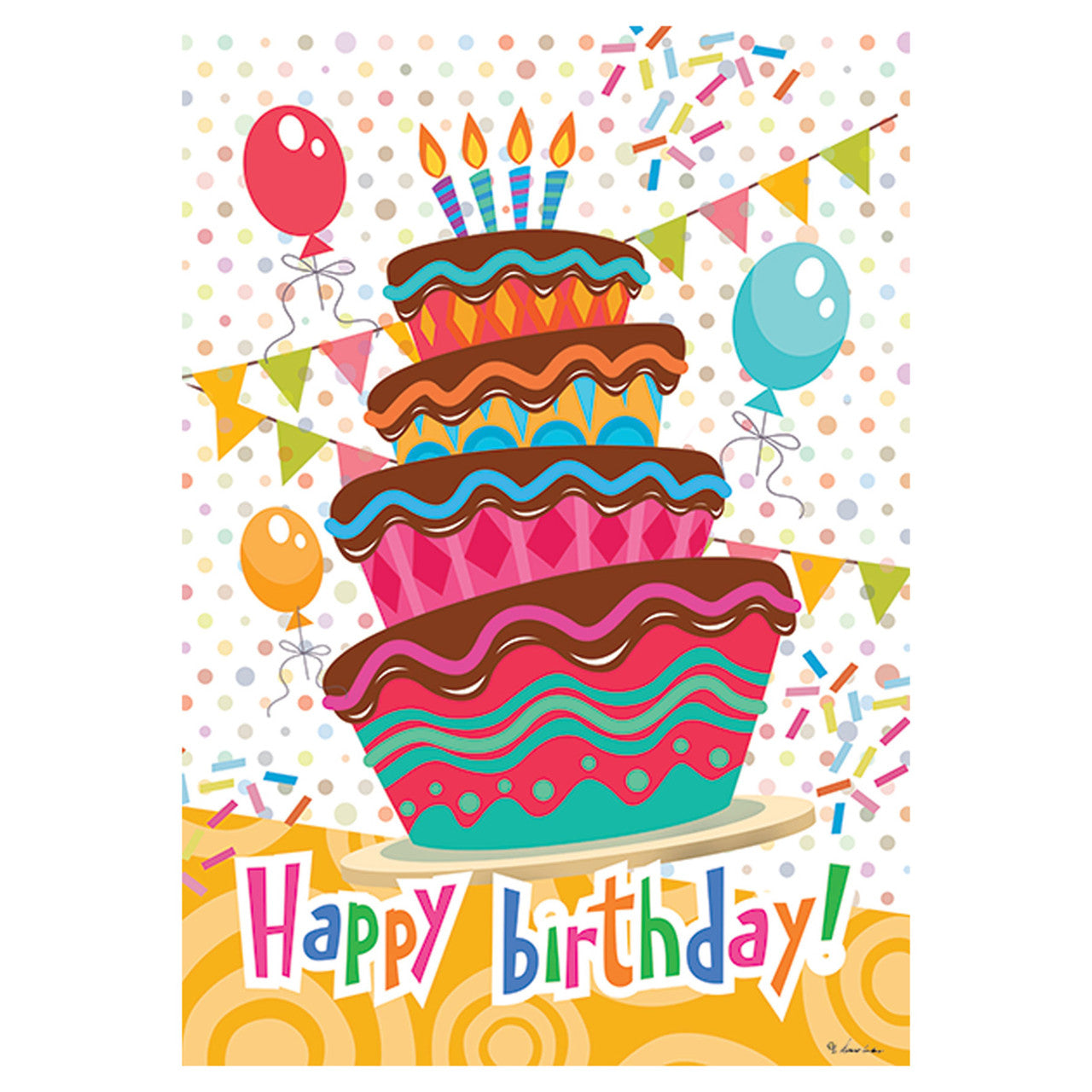 Decorative flag with a colorful birthday cake illustration with balloons and 'Happy Birthday!' text on a white background.