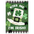 Decorative flag with a leprechaun hat and shamrocks on a green background with 'Kiss Me I'm Irish!' text.