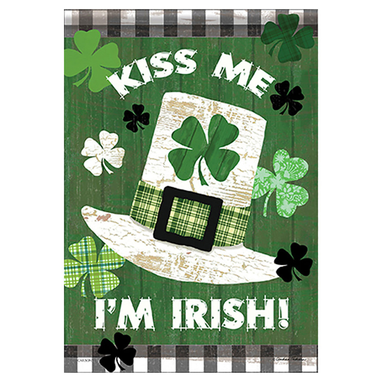 Decorative flag with a leprechaun hat and shamrocks on a green background with 'Kiss Me I'm Irish!' text.