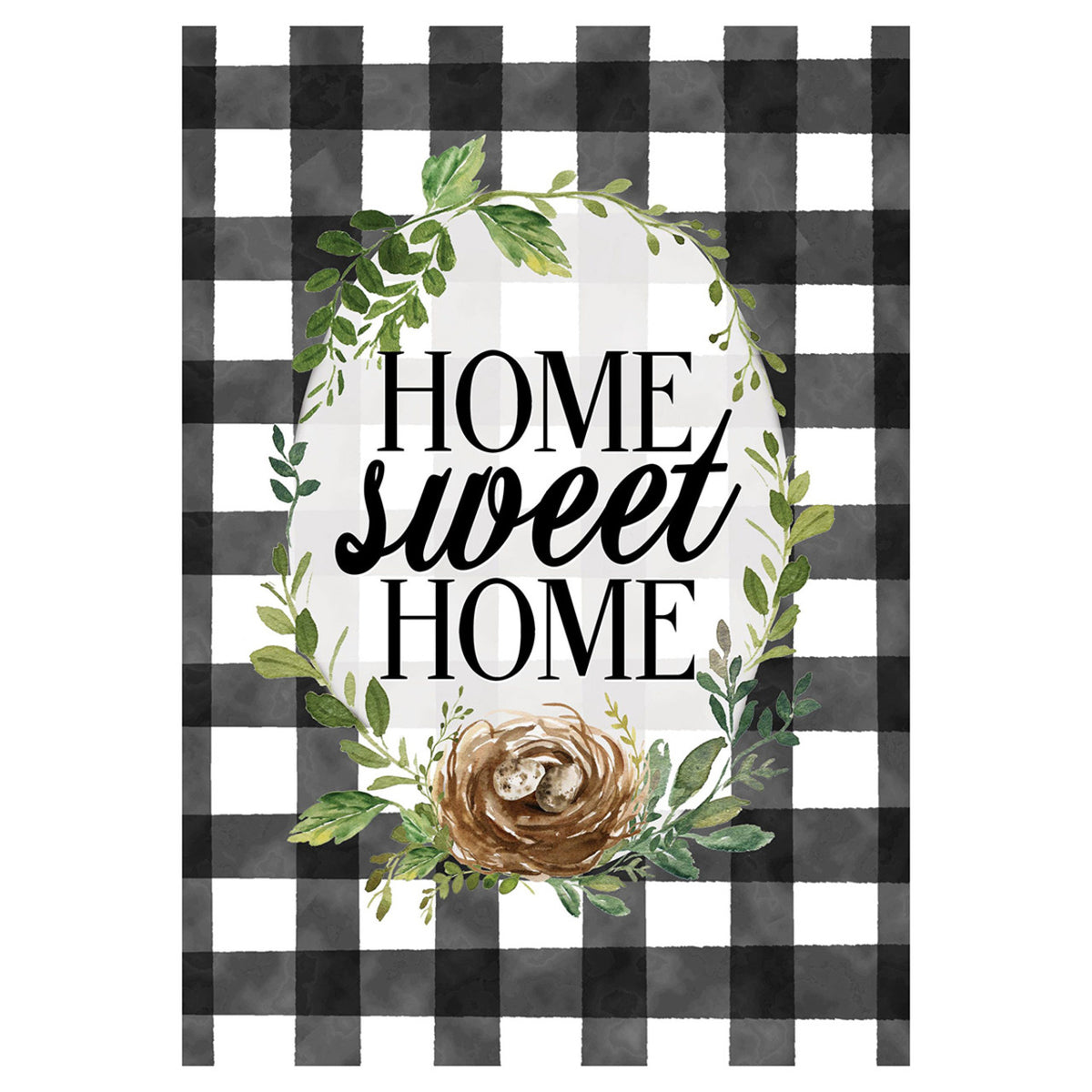 Decorative garden banner with 'Home Sweet Home' text and floral elements on a black and white checkered background.