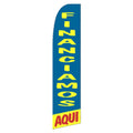 Blue feather flag with yellow text 'FINANCIAMOS' and red text 'AQUI' on a white background