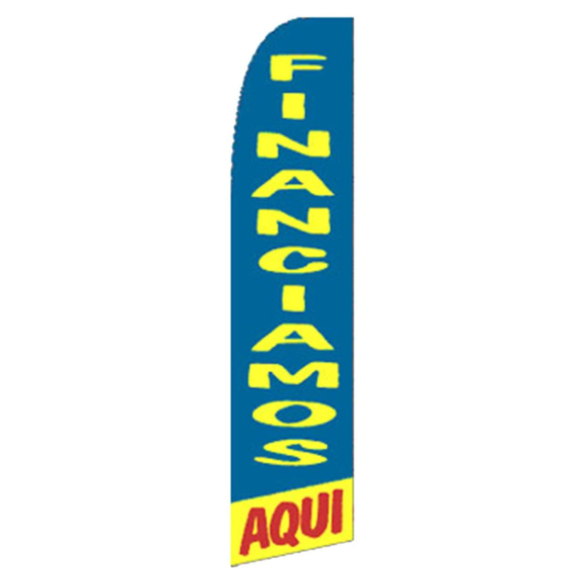 Blue feather flag with yellow text 'FINANCIAMOS' and red text 'AQUI' on a white background