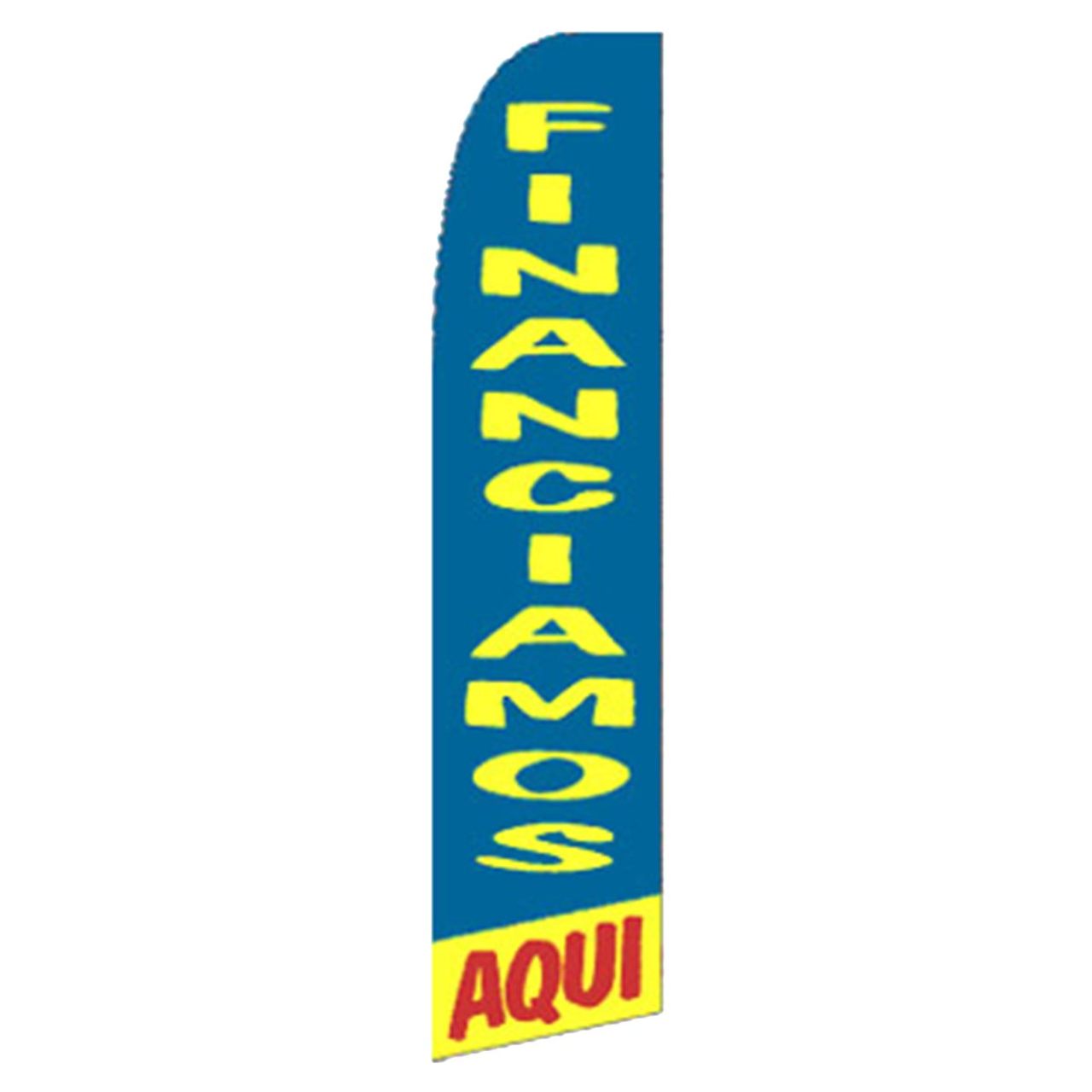Blue feather flag with yellow text 'FINANCIAMOS' and red text 'AQUI' on a white background