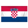 Flag of Croatia with red, white, and blue horizontal stripes and a central emblem.