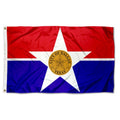 Dallas city flag with a star design and 'City of Dallas, Texas' emblem on a red and blue background