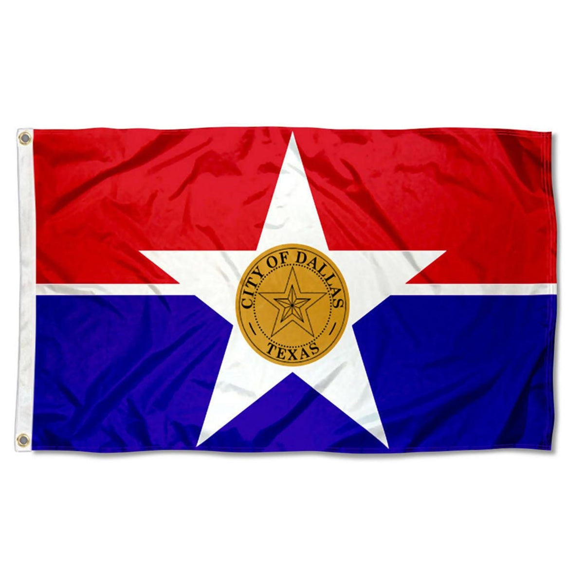Dallas city flag with a star design and 'City of Dallas, Texas' emblem on a red and blue background
