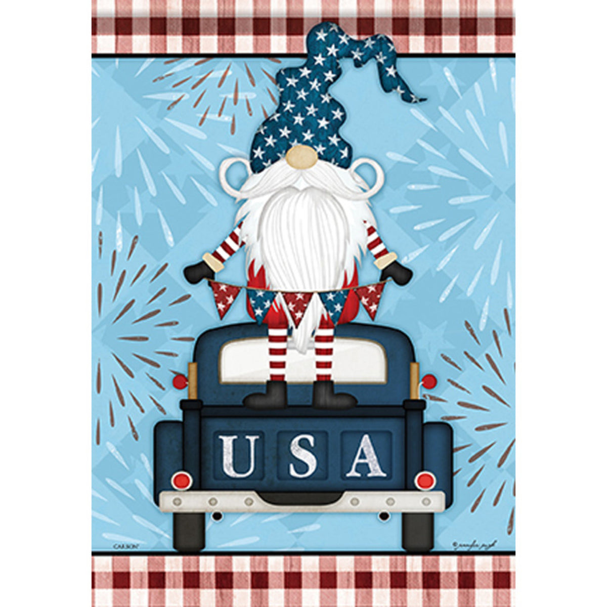 Decorative flag with a Gnome in an American flag hat sitting in a truck with 'USA' on the back, against a blue background with fireworks.