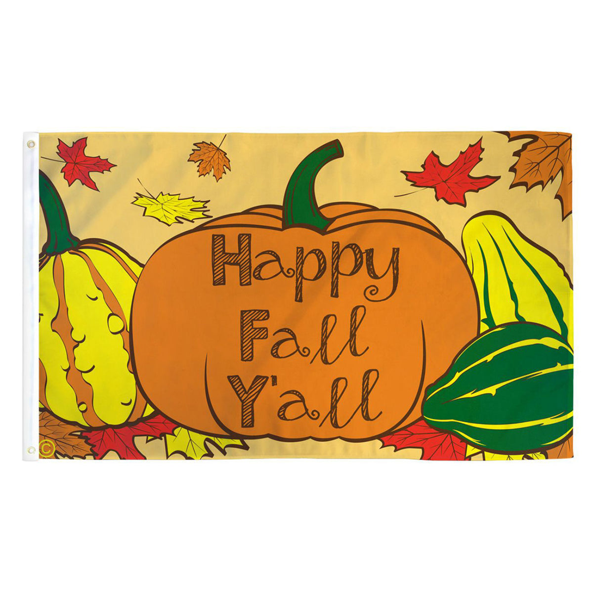 Flag with a pumpkin and gourds featuring 'Happy Fall Y'all' text, surrounded by autumn leaves.