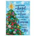 Decorative garden flag with a Christmas tree with ornaments and text on a blue background