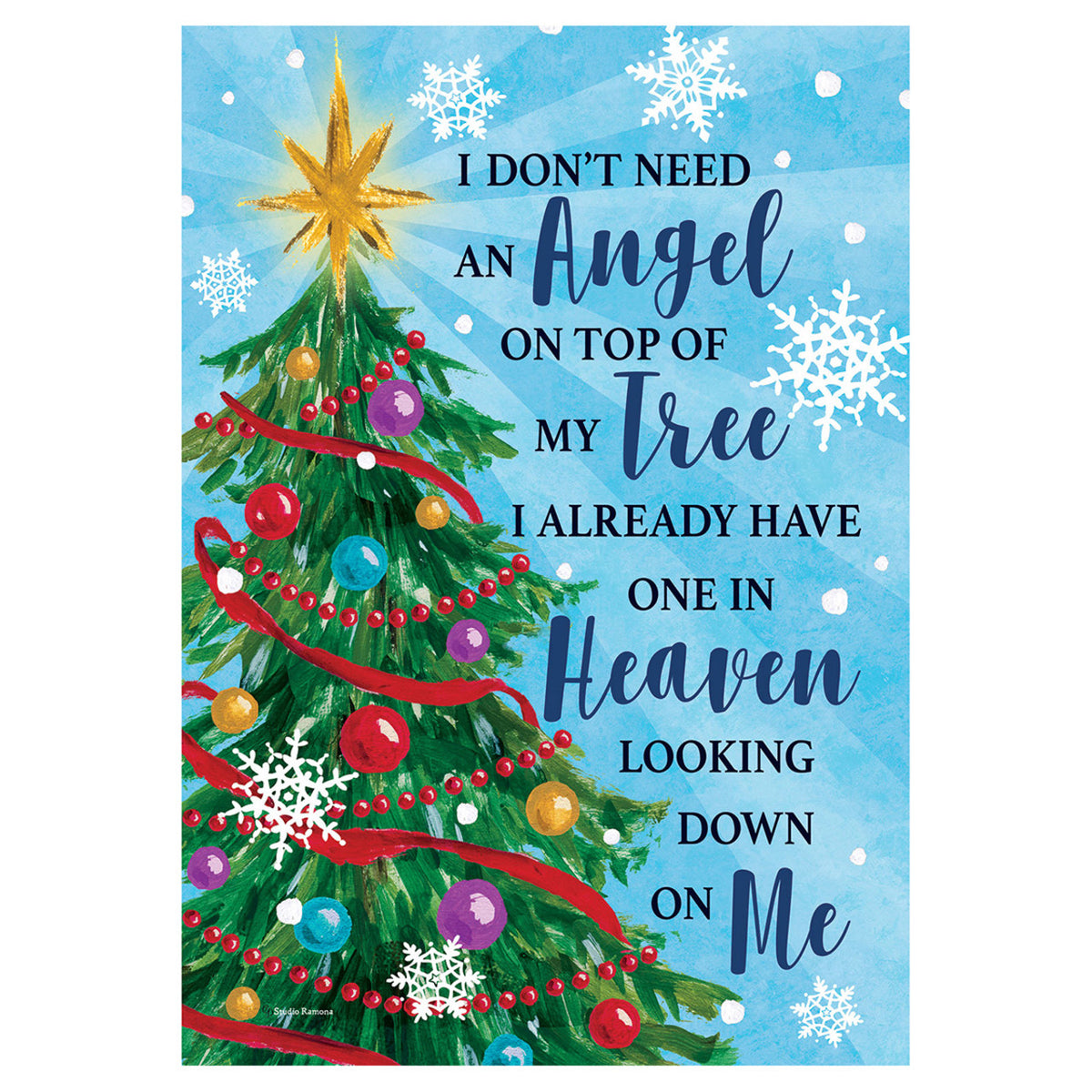 Decorative garden flag with a Christmas tree with ornaments and text on a blue background