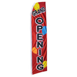 Red feather flag with 'Grand Opening' text and colorful balloons on a white background