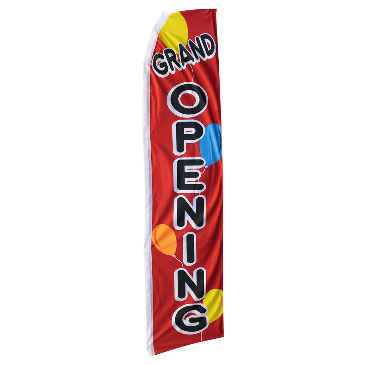 Red feather flag with 'Grand Opening' text and colorful balloons on a white background