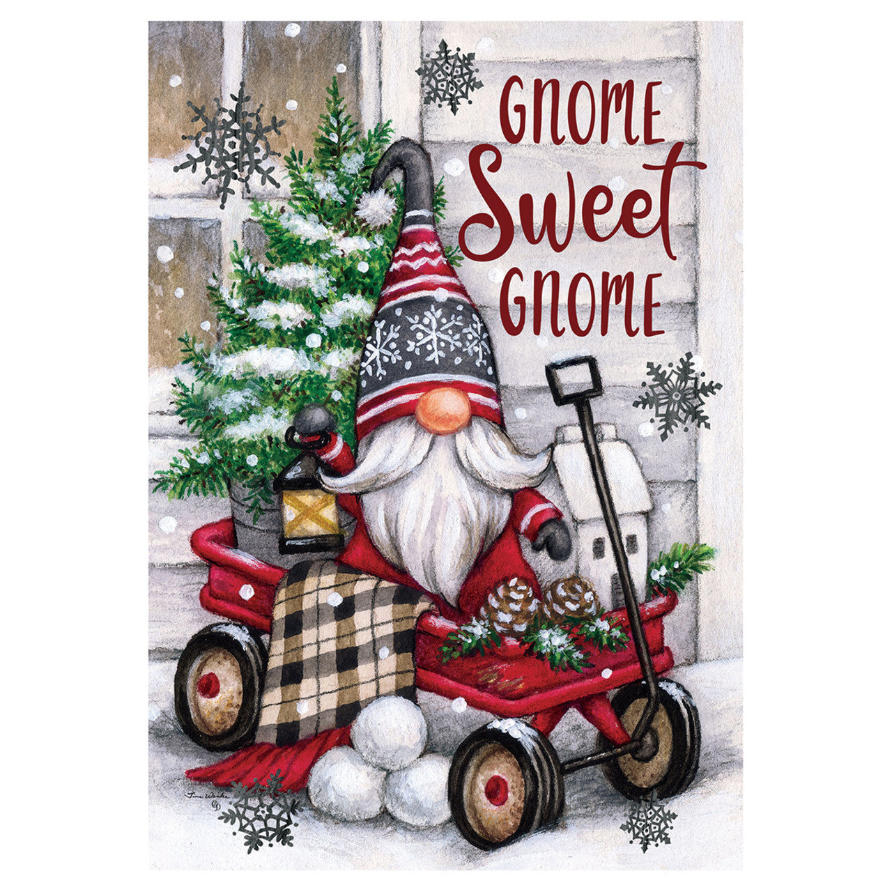 Decorative flag with Christmas gnome in a red wagon with a small house and tree, text 'Gnome Sweet Gnome' on a snowy background.