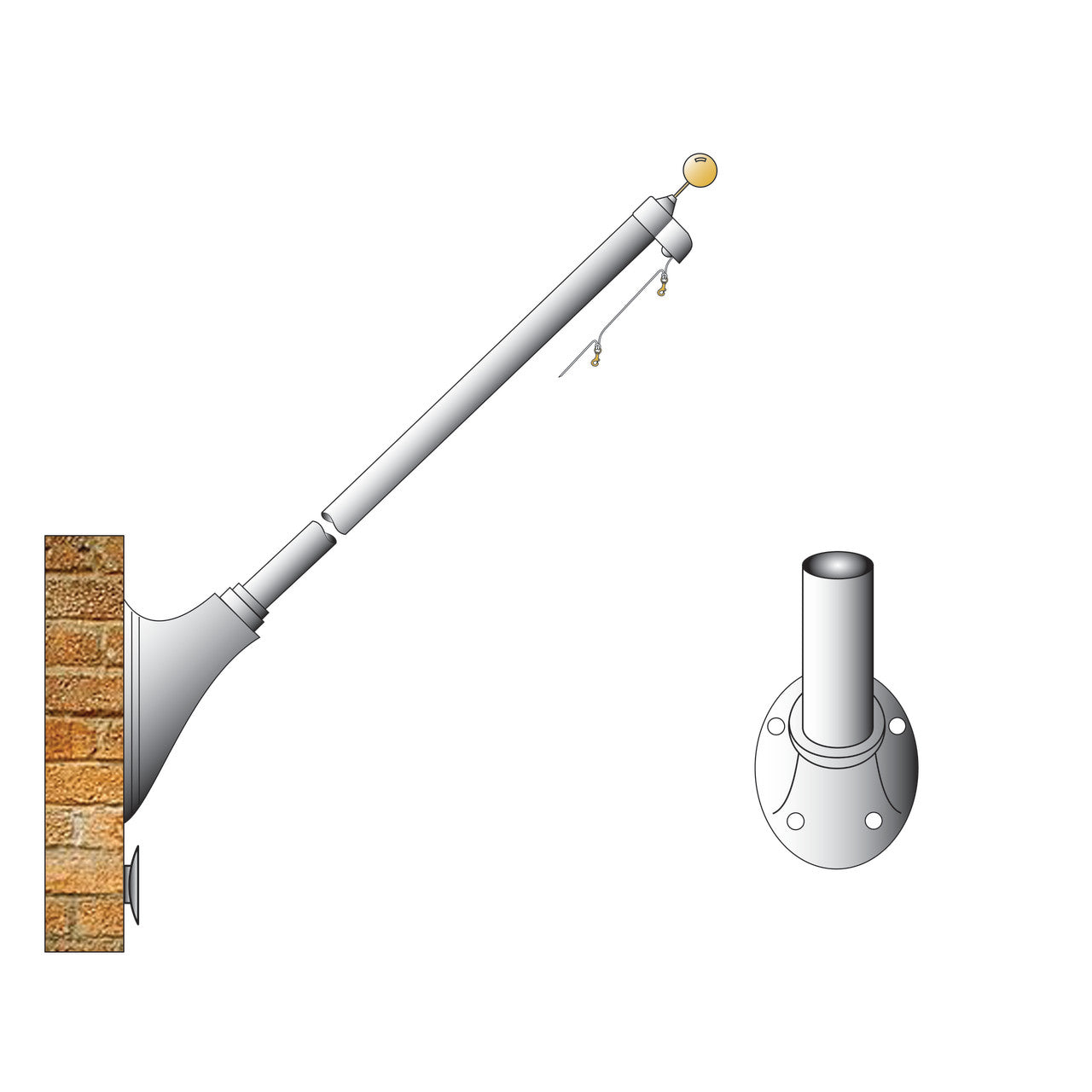 ECO 12ft Outrigger Wall Mount Series Commercial Flagpole - .125 Wall Thickness - 3-1/2" Butt Diameter