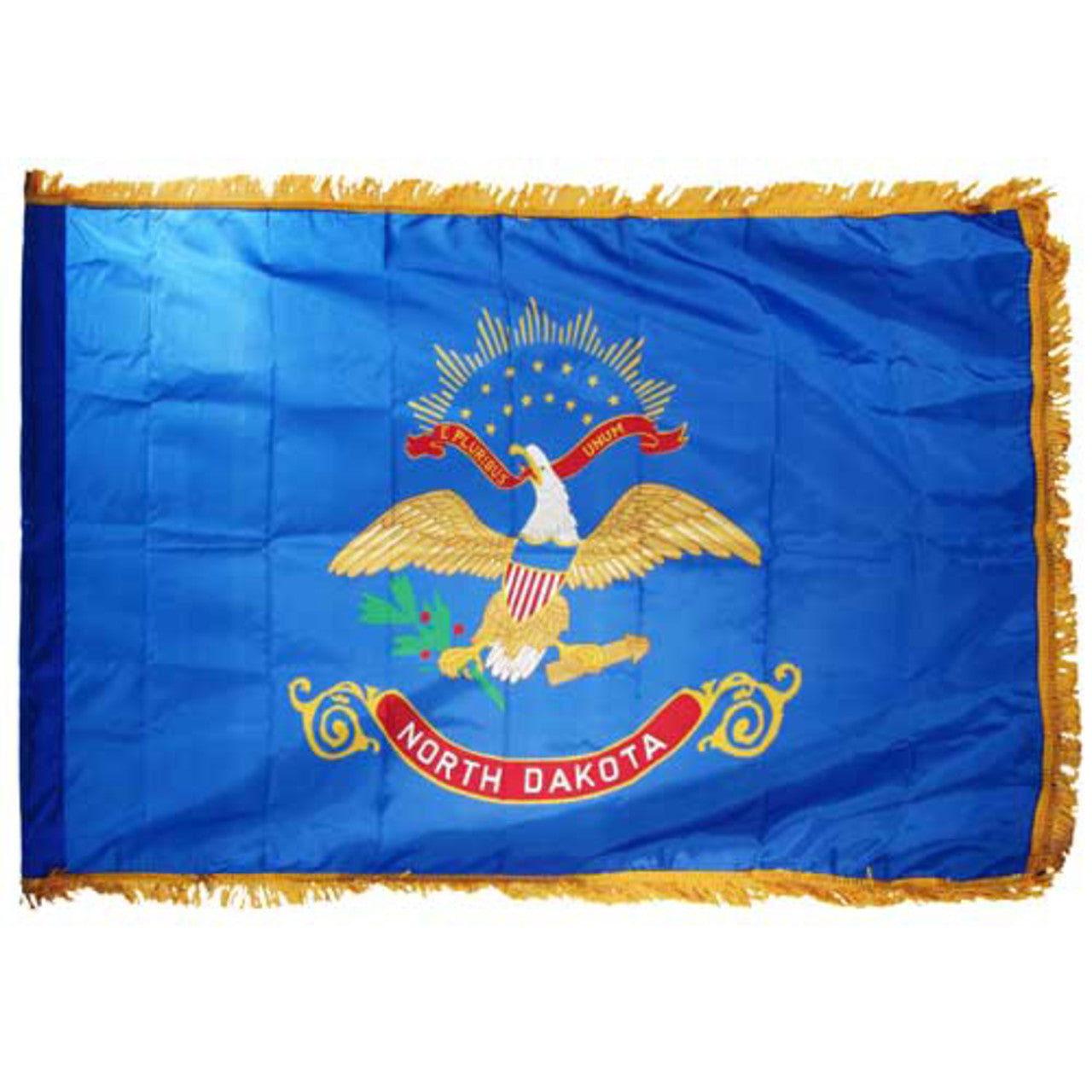 State of North Dakota flag featuring the full-color bald eagle emblem, the 'E Pluribus Unum' motto, and a red 'North Dakota' banner on a dark blue background.  This flag features yellow fringe.