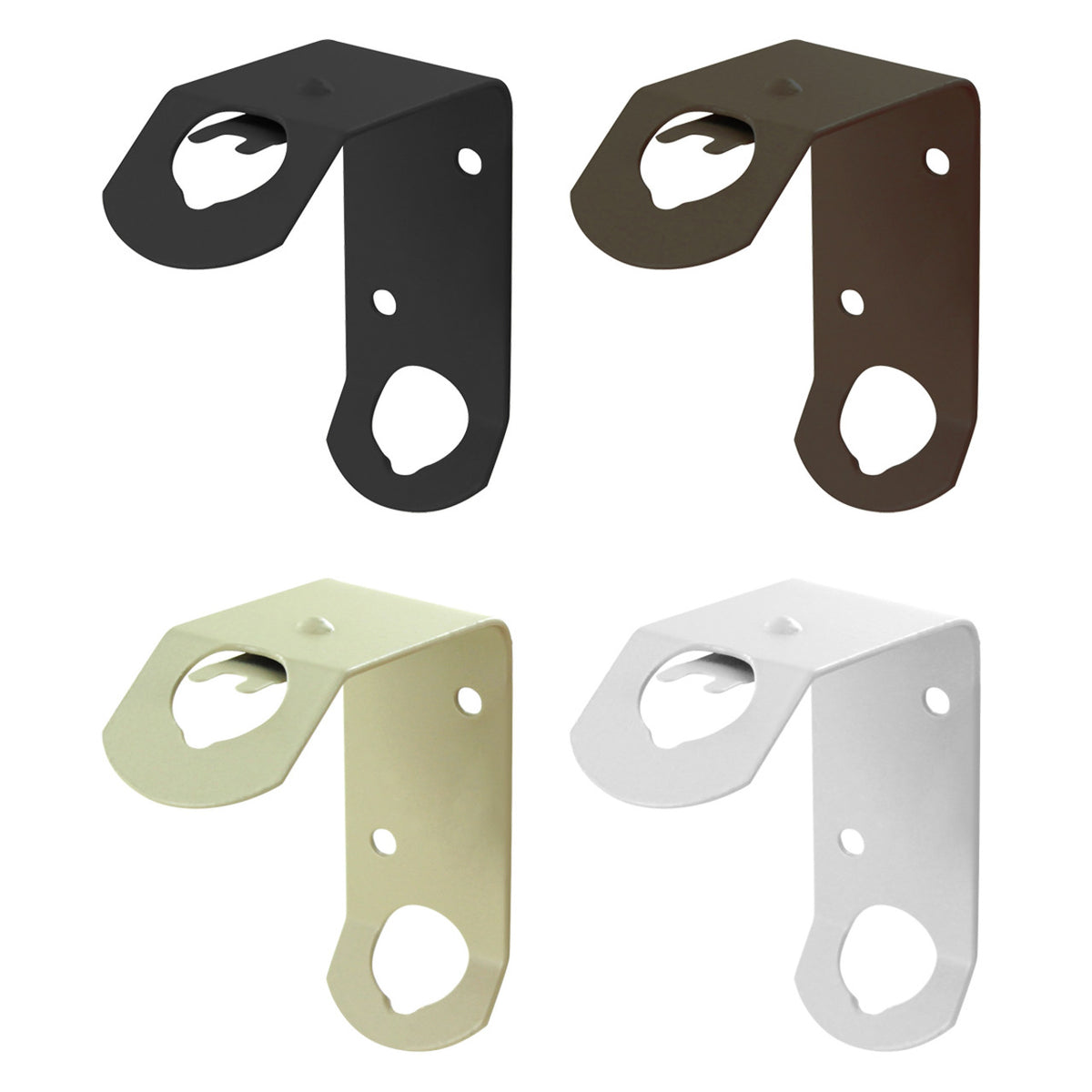 Four metal brackets in black, brown, beige, and white on a white background