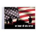 American flag with silhouettes of soldiers and 'we honor all who served' text on a white background