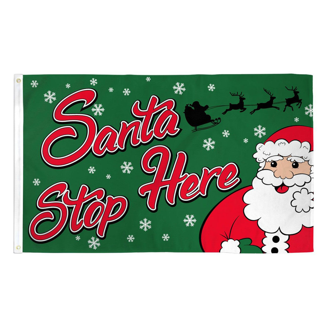 Christmas-themed banner with Santa Claus and 'Santa Stop Here' text on a green background.