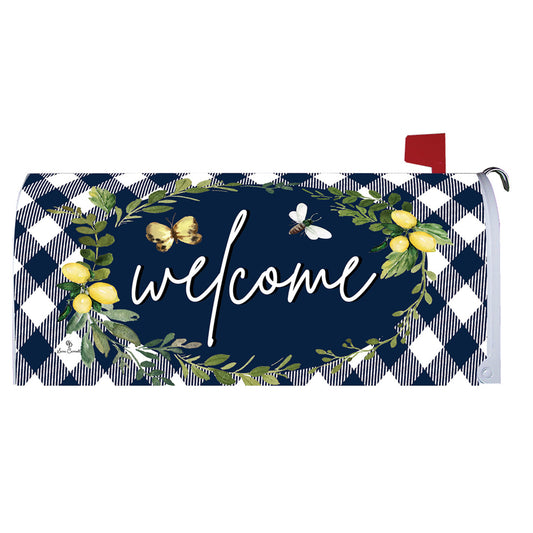 Mailbox cover with 'welcome' text, lemons, and butterflies on a blue and white checkered background.