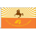 Flag of the City of Jacksonville, Florida with a sunburst design and horse rider silhouette.