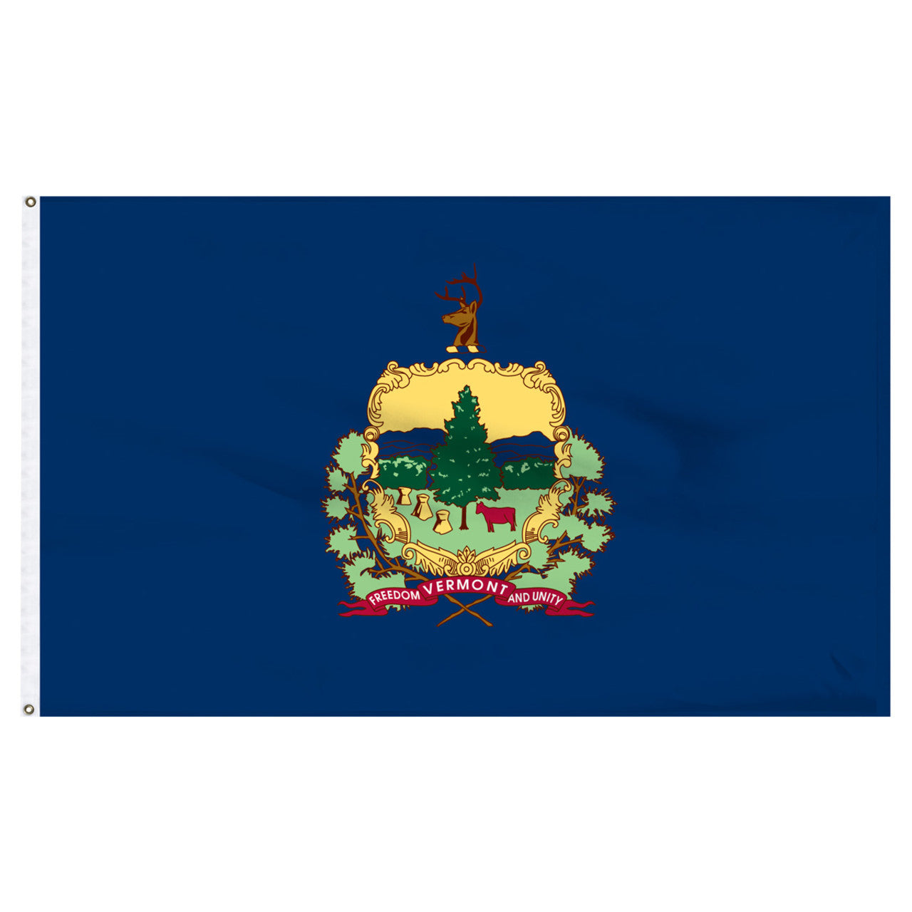 Vermont state flag featuring the full-color state coat of arms and 'Vermont, Freedom and Unity' motto on a solid azure blue field.