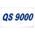 White banner with blue text 'QS 9000' on a white background