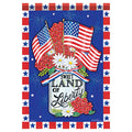 Decorative flag with American flags, flowers, and 'Sweet Land of Liberty' text on a blue background.