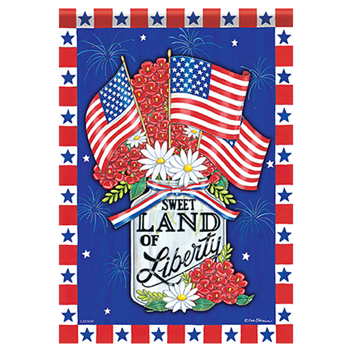 Decorative flag with American flags, flowers, and 'Sweet Land of Liberty' text on a blue background.