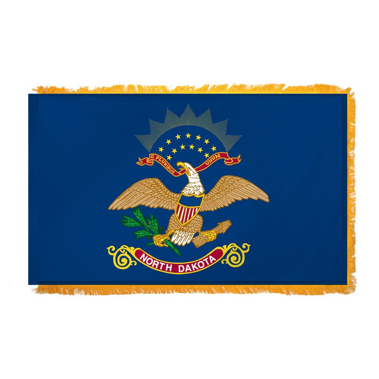 State of North Dakota flag featuring the full-color bald eagle emblem, the 'E Pluribus Unum' motto, and a red 'North Dakota' banner on a dark blue background.  This flag features yellow fringe.