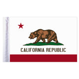 State of California flag featuring a grizzly bear, a red star, and the words 'CALIFORNIA REPUBLIC' on a white background with a red bottom stripe
