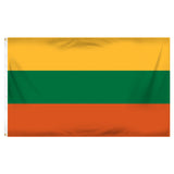 Lithuanian flag with yellow, green, and orange horizontal stripes on a white background