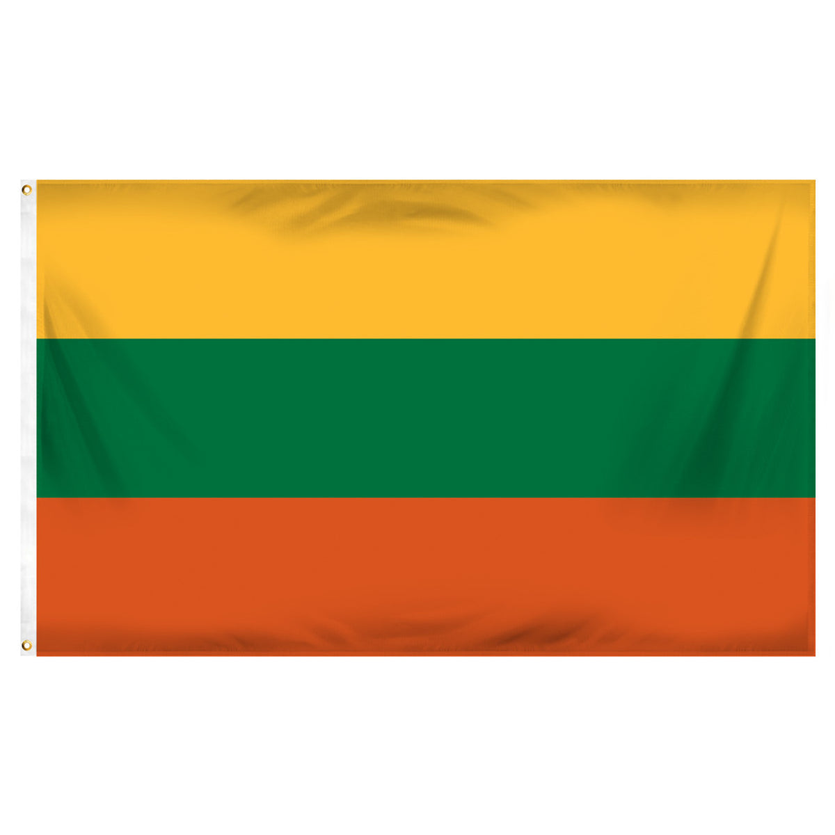 Lithuanian flag with yellow, green, and orange horizontal stripes on a white background